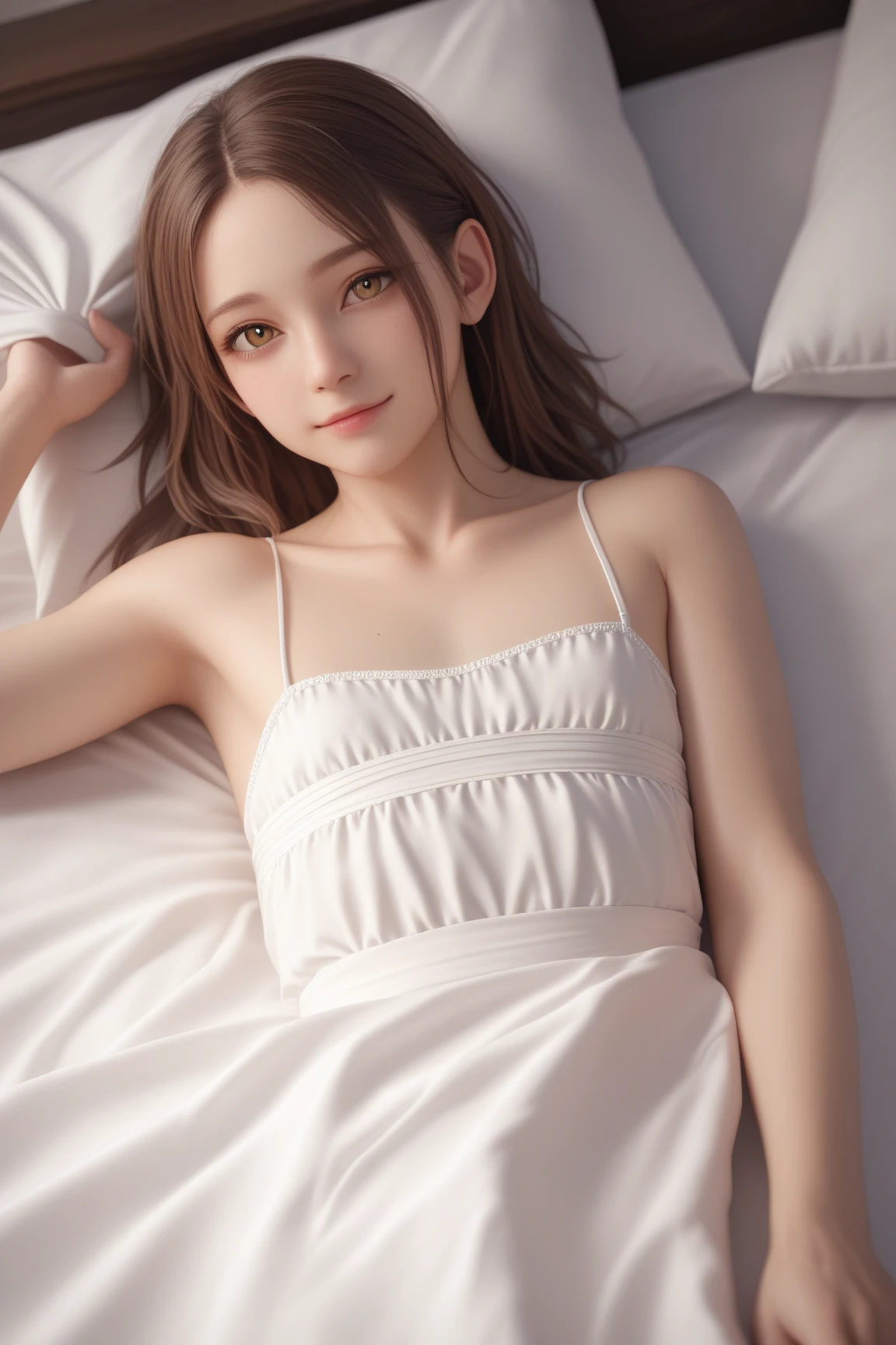 best quality、very detailed、dress、lie down、raise your arms、armpit、From above、Japanese、smile、bedroom

