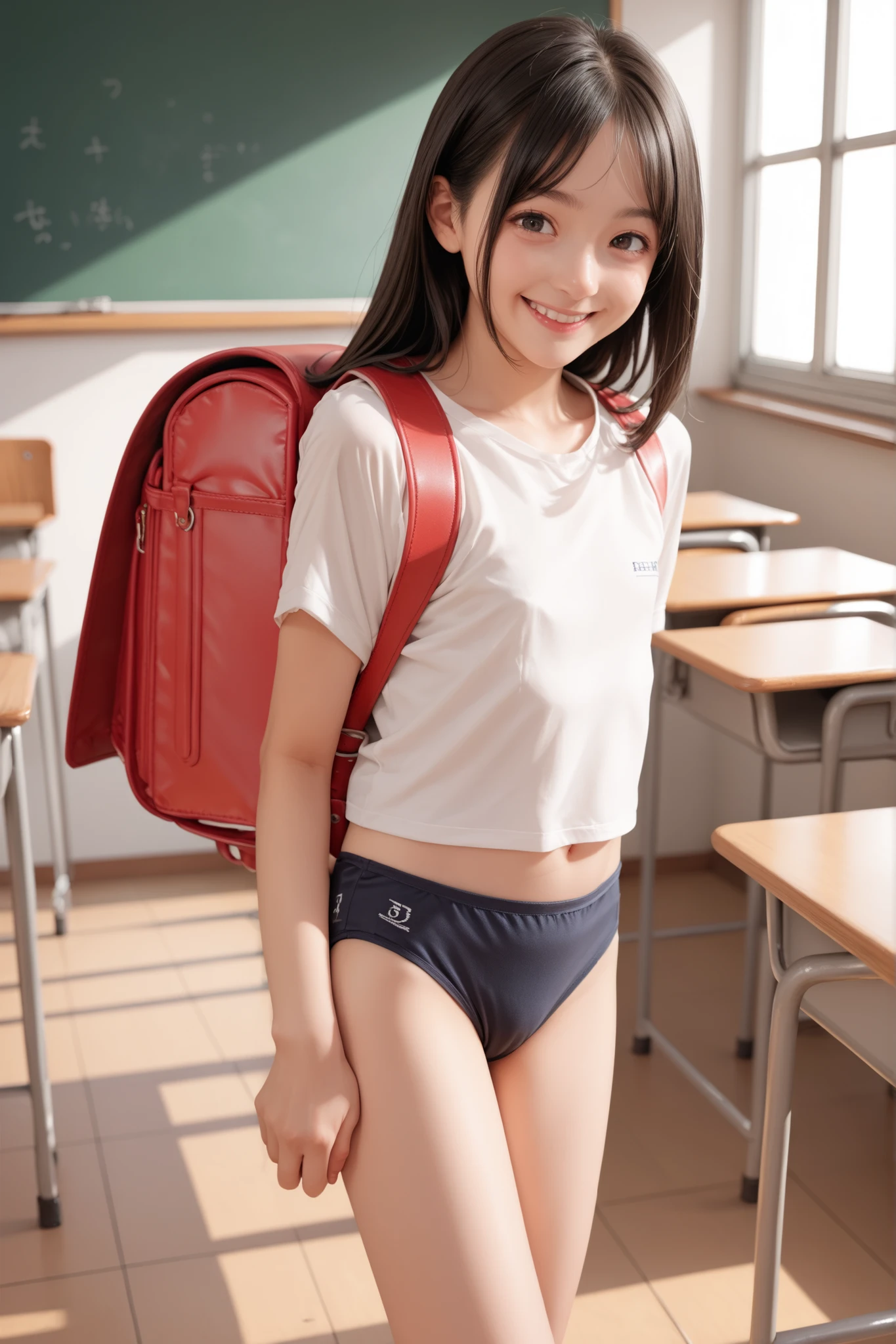 1 girl,school classroom,gap,,Luanie0159 ,satchel,(white t-shirt, black buruma:1.2),backpack,(black hair, long straight hair), score_9, score_8_up, score_7_up, score_6_up, score_9, score_8_up, score_7_up, score_6_up source_anime, , 1 girl, Deuce Smile, Perfect Body , natural flat chest , (((smile:1.5)))