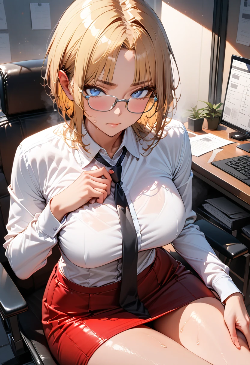 Blonde Shorthair Glasses black blouse black tight skirt stockings (lanyard id card) 50 years old red rouge plump lips round face Plump back view (eyecontact) looking at the camera (A female employee sits on a chair at a computer desk in an office in a high-rise building and turns around to seduce me.) sunset
