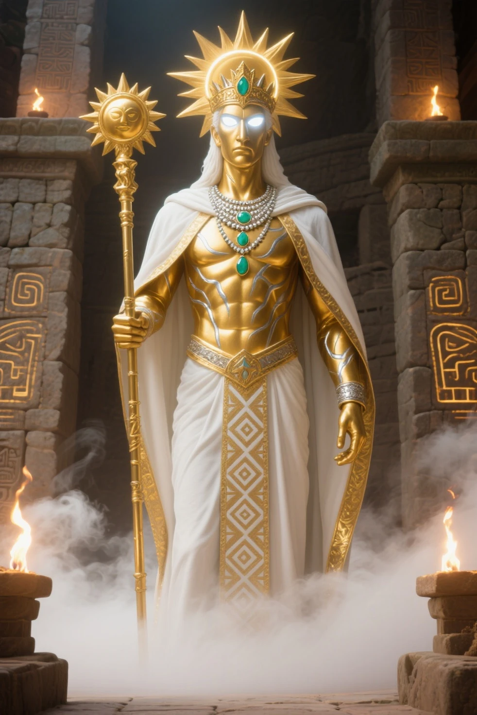 A full-length statue of the sexual young man with beautiful opened silver eyes looking forward with silver skin - God of the moon, made of silver, arabic appearance, naked in a floor-length silver skirt, covered with a hood, semicircular symbols on clothes
In the temple with Arabic architecture made of silver, dark fantasy style