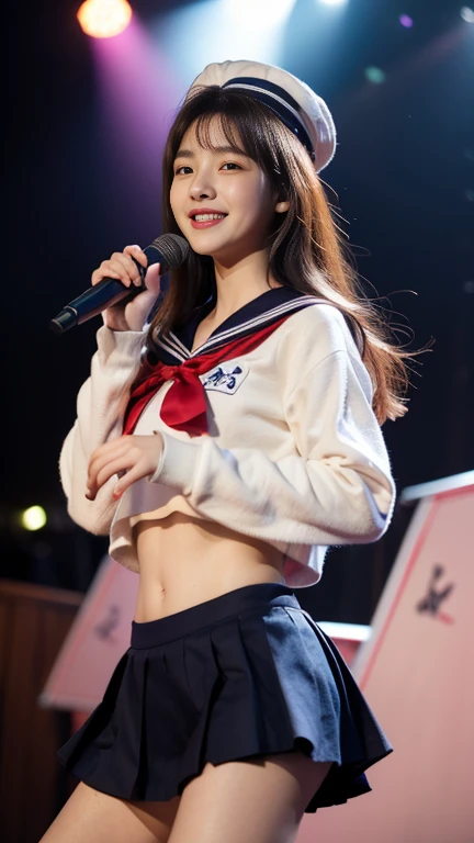 ((masterpiece, highest quality)),shape,Ultra detailed 8K,realistic,sharp focus,very detailed,professional lighting,colorful details,Euphoric look、((smile))、((sweating))、((translucent:1.3 sailor suit))、Pink and red、ribbon、sailor hat、super cute woman、Part of an idol group、(((dancing at a concert)))、Hair is moving、spotlight of、18-year-old,shine,intricate details,Shitsumeka,1 A girl is in front of the audience.,belly button
