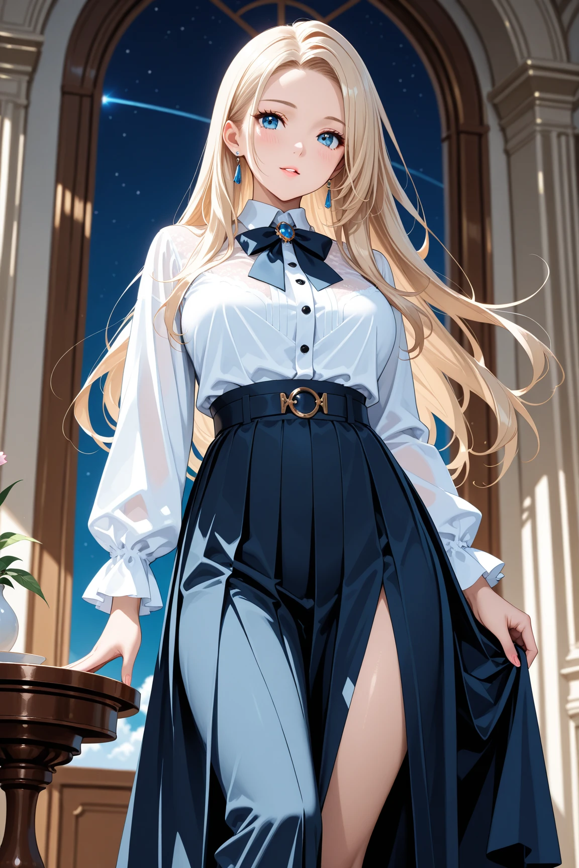 young girl, longue blonde hair, white eyes, Smile, translucent blouse, Upskirt, ssmile, Masterpiece, hiquality, 4k, HD, Good detail