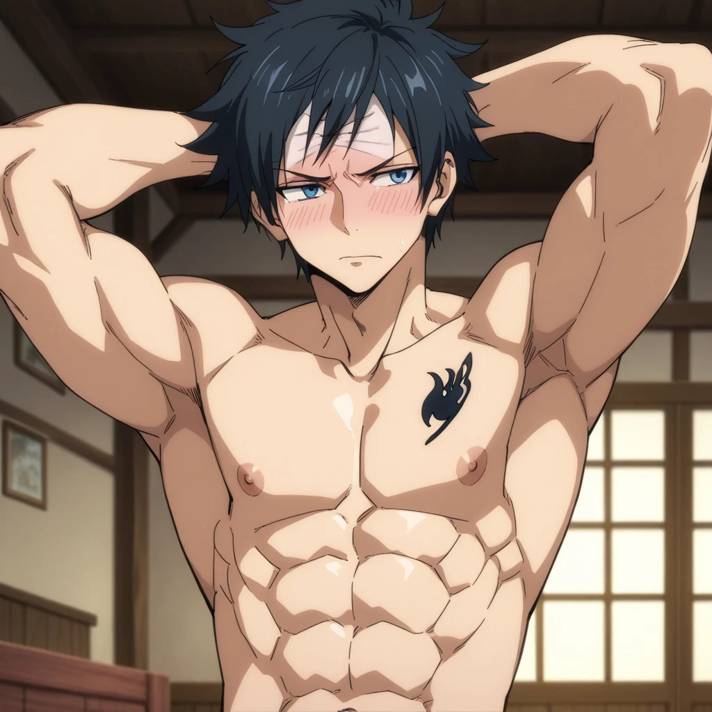 masterpiece, best quality, high quality, 1boy, solo, male focus, shirt off, asta, green eyes, black headband, grey hair, spiked hair, other hand behind head, full view, half body.
