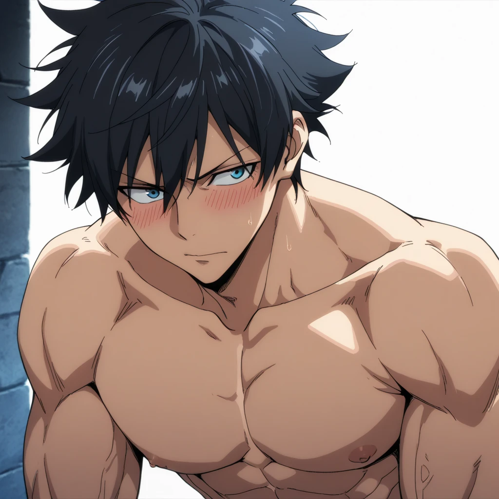 2D anime illustration erotic of a muscular, dark-skinned, sexy man flexing naked looking at the camera
