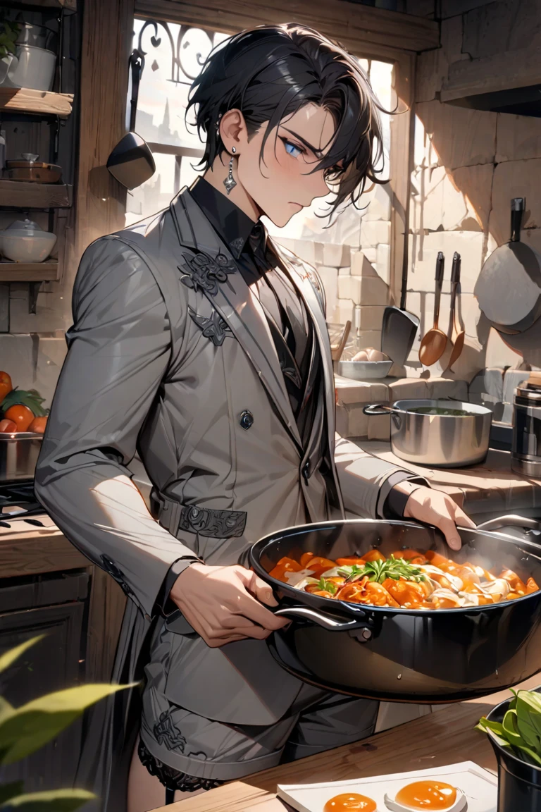 (masterpiece, highest quality, best quality, highest detailed, perfect face) 1 male, adult, muscular, broad man, angular face, long black hair tied in a ponytail, violet eyes, (Clothes: black t-shirt headband, red chef's bandana, kitchen accessories, apron,) in a fast food kitchen, cooking, relaxed smile, lots of food,