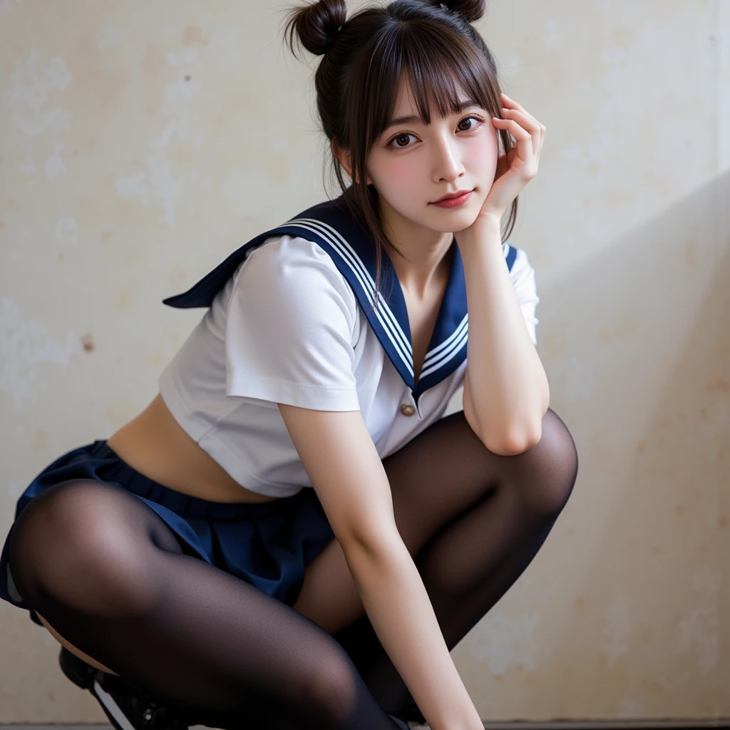 8K、top-quality、​masterpiece:1.2、Real 1.5、Realistic 1.5、Photorealsitic:1.3、18year old、girl with:1.5、Colossal tits:1.5、a sailor suit、校服、student clothes、a miniskirt、Panties visible from the skirt、cute little、A smile:1.2、sitting on、Opening legs、Open legs、Panty white、