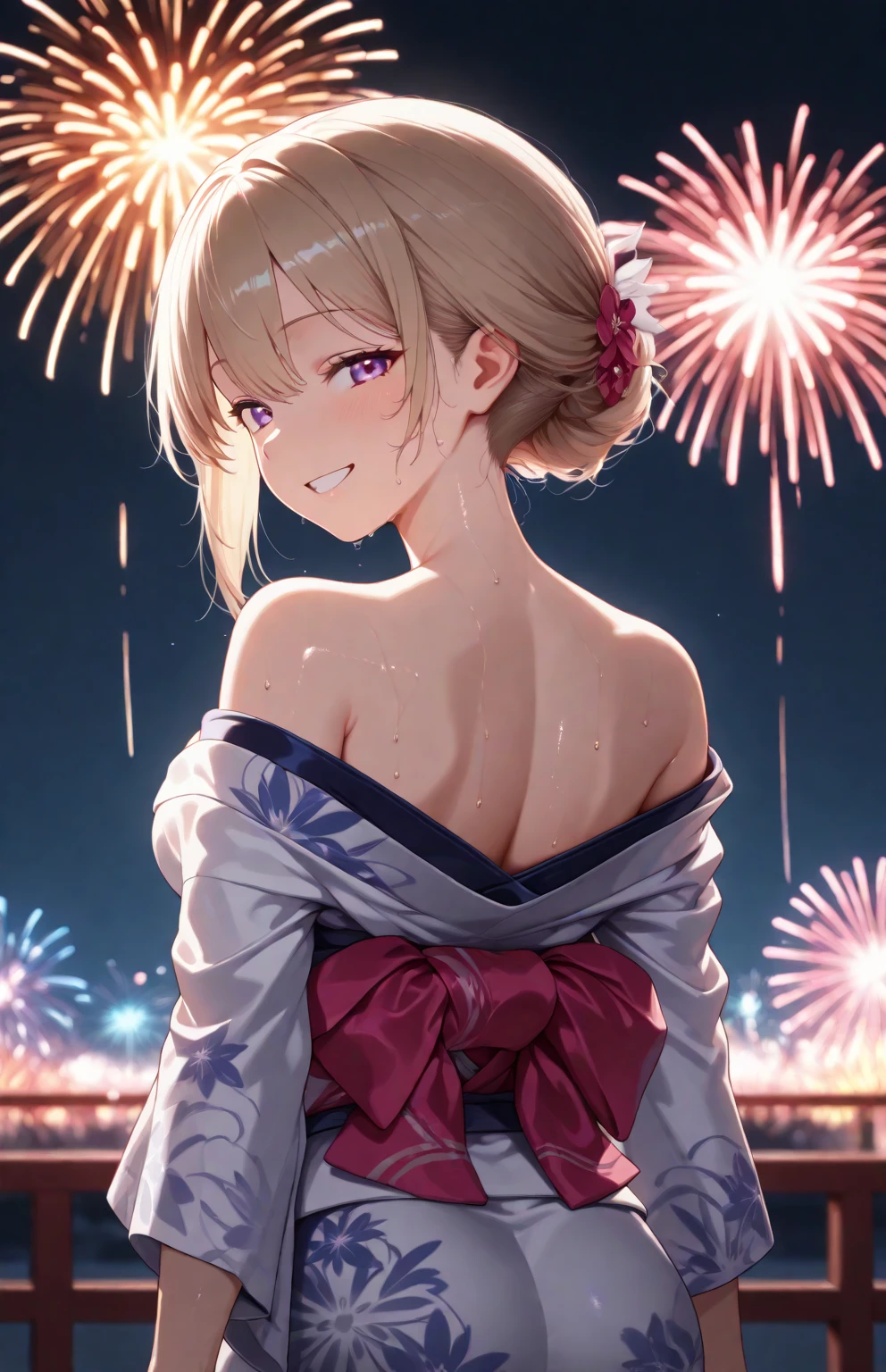 masterpiece, absurdres, best quality, ultra detailed, high Resolution, detailed illustration, bright colour, (extremely beautiful detailed face and eyes, Delicate beautiful face, 1 girl, 18yo, cute face:1.3), (magenta eyes:1.1), sparkling eyes, big eyes, (medium breasts:1.3), (perky breasts:1.1), (pointy breasts:1.1), medium hips, glamorous body, white skin, BREAK, (blonde hair:0.8), messy hair, detailed hair, shiny hair, BREAK (yukata, undressed:1.3), perfect lighting, (ecstasy, vulgarity:1.5), (embarrassed:1.3), rape, (firework:1.2), From behind,