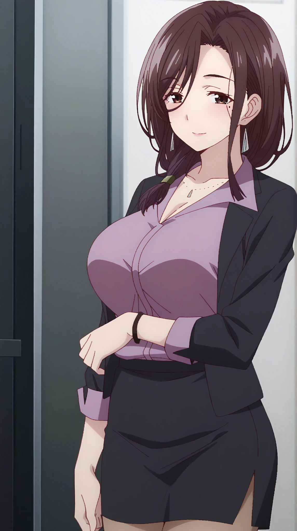 fujino ninno, light_brown hair,wearing a lavender suit, skirt, white blouse,high quality,4k,