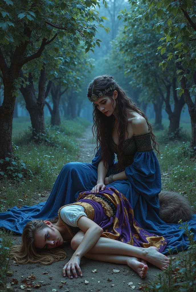 A beautiful princess fell down on the grass looking a beautiful strange woman, dressed in black, stand out to help the princess