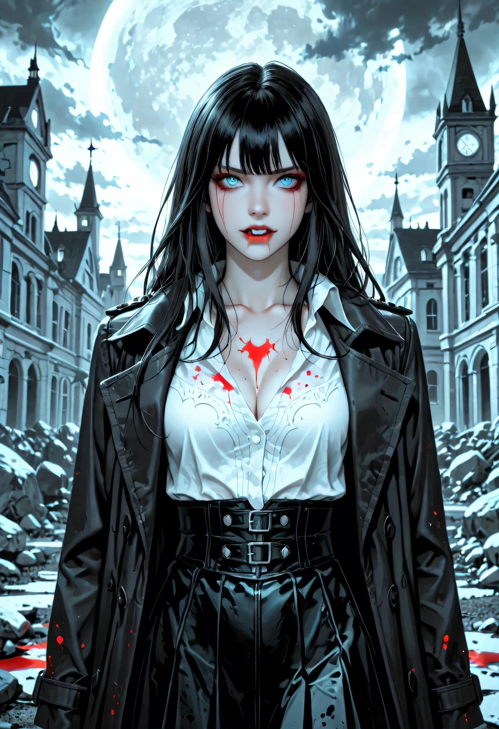 score_9, score_8_up, score_7_up,goth black and white anime art, (black and white art) mostly black and white, a picture of olo beautiful female vampire, best detailed face, black hair, long hair hair, blue eyes, wearing trench coat, wearing a skirt, wearing white leather shirt, small cleavage (red blood stains), it is cloudy night (only colors are the blood and the eyes), glowing, ember, vampire, fangs