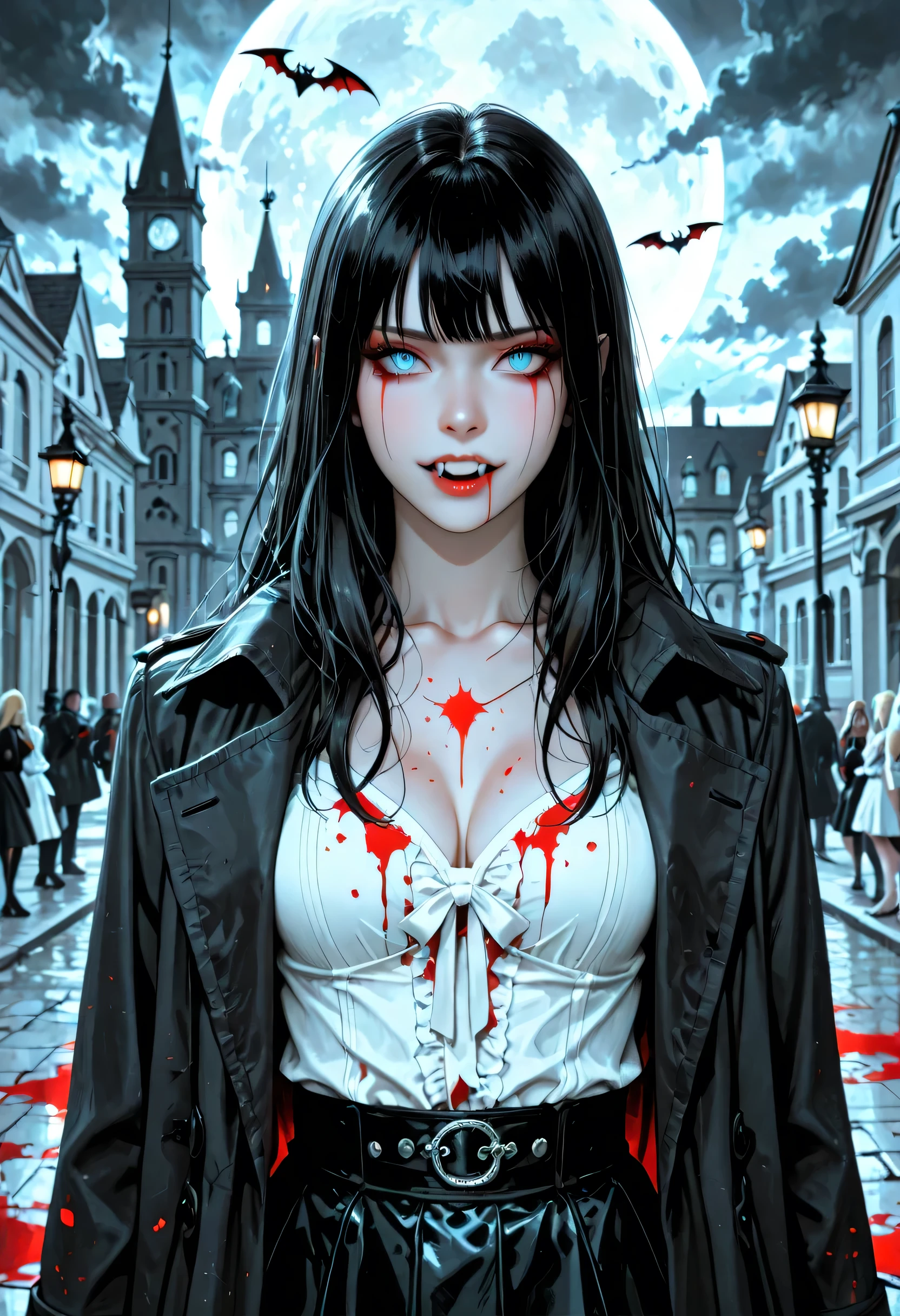 score_9, score_8_up, score_7_up,goth black and white anime art, (black and white art) mostly black and white, a picture of olo beautiful female vampire, best detailed face, black hair, long hair hair, blue eyes, wearing trench coat, wearing a skirt, wearing white leather shirt, small cleavage (red blood stains), it is cloudy night (only colors are the blood and the eyes), glowing, ember, vampire, fangs