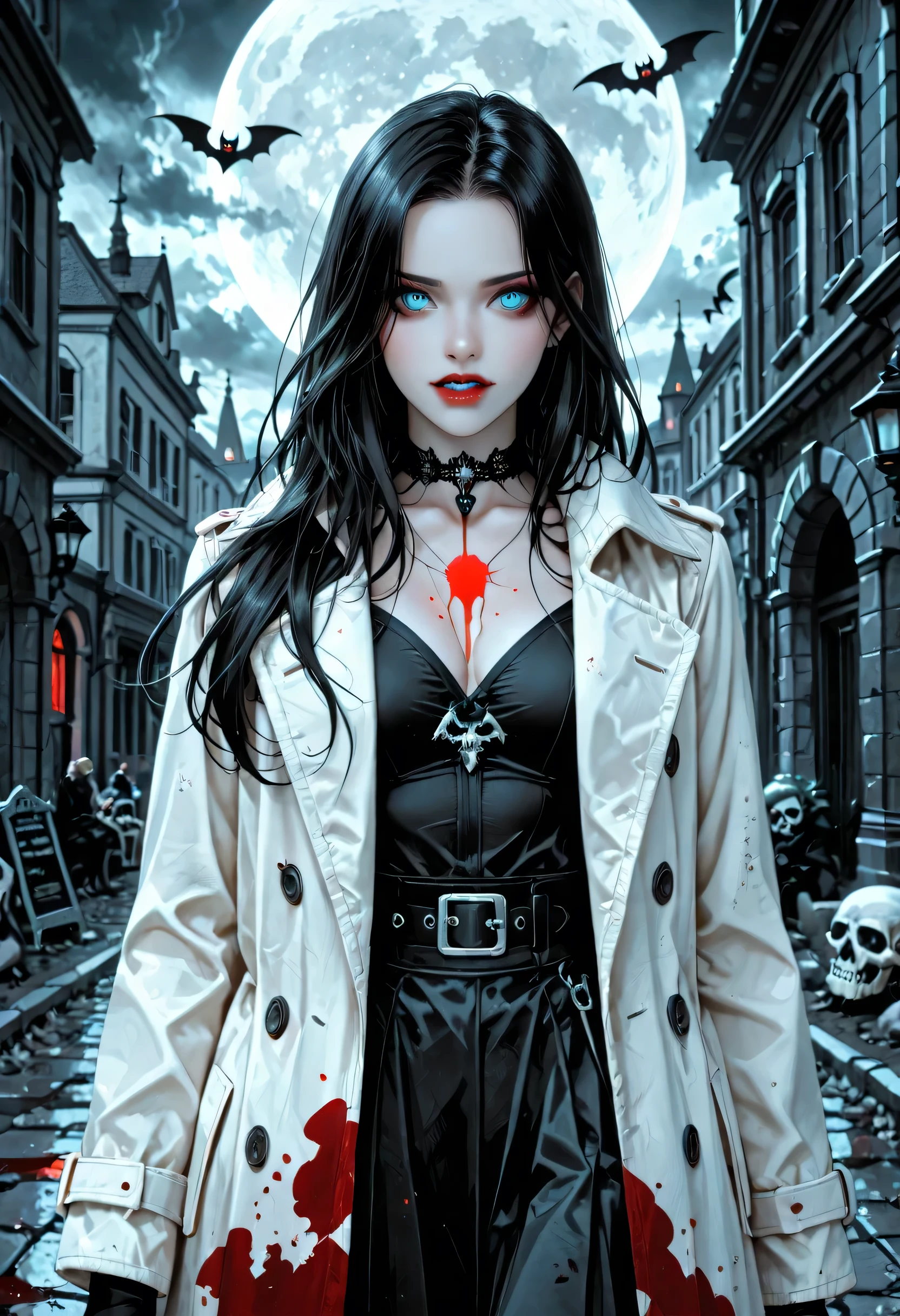 score_9, score_8_up, score_7_up,goth black and white anime art, (black and white art) mostly black and white, a picture of olo beautiful female vampire, best detailed face, black hair, long hair hair, blue eyes, wearing trench coat, wearing a skirt, wearing white leather shirt, small cleavage (red blood stains), it is cloudy night (only colors are the blood and the eyes), glowing, ember, vampire, fangs
