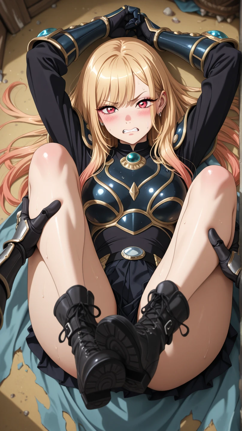 Shiny blond hair, very long hair, sophisticated haircut, (small twisted braids:1.1), thin and oval face, submissive, (gagged:1.3), cute and blushing 18 years old anime girl, bright blue eyes, detailed face, detailed members, detailed arms, detailed hands, Girl lying, tied by chains, shackled, can no longer move, tied tightly, (very hard tied up with lots of chains), (hampered by so many chains that she can no longer move:1.1), bound hands and feet, (chains tie his whole body:1.3), (tied extremely tightly and forcefully to her bed by a lot of chains:1.2), (its limbs are strongly tied together by chains:1.2), (his torso is tied up with thick cords:1.1), (her chest is so tied up with chains that it sticks out:1.3), (her legs are tied tightly with thick chains:1.1), (his hands are tied behind his back with chains), she can no longer move her feet, her hands which are tied by thick chains, she desperately tries to free herself, (likes to be tied tight with big chains:1.1), likes to be immobilized by big chains, (lying down:1.3), (his hands and feet are strongly tied to the railing of his bed:1.1), (his legs are pressed together and tied with chains:1.1), (its limbs are held vigorously by imposing chains:1.1), (her hands are tied securely behind her back by chains), (her chest is compressed by strong chains:1.1), (she is pressed against her bed and restrained by large chains:1.3), (shibari, arms behind the back:1.4), (hands on the back), (masterpiece, best quality) 1.5, 1girl, solo, (sexy, beautiful woman, perfect face, perfect eyes, perfect hands), (shibari, arms behind the back:1.4), (hands on the back), Spread the legs, s' (lie in bed by big chains:1.3), (a princess in armor trapped in a dungeon), (((armor suit:1.5))), (chained to the prison wall by chains:1.3), (his legs are chained by chains:1.3), (locked in a dark dungeon:1.5), (chains with links bind his whole body:1.3), (very detailed chains:1.3), ((((((chain:1.5))))))