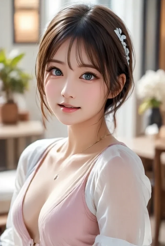 8K, Highest quality, masterpiece, Ultra-high resolution, (Realism: 1.4), Original photo, (Realistic skin texture: 1.3), (Film Grain: 1.3), (Selfie angle), 1 Girl, Pink clothes, Sapphire eyes and beautiful facial details, masterpiece, Highest quality, close, Upper Body、muscular、Big Breasts、Plump breasts