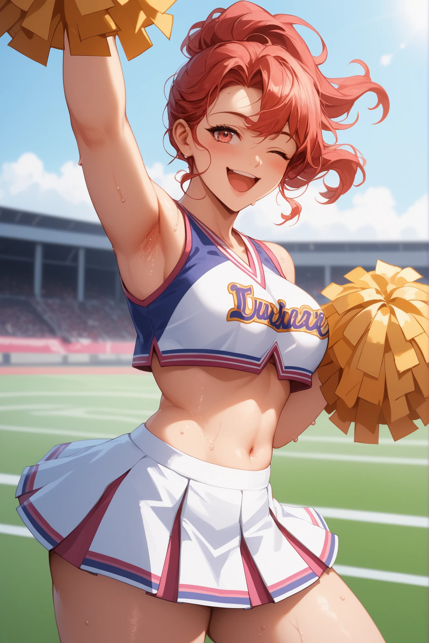 Waste \(Uma Musume\),(((masterpiece))),(((details)))((Highest Quality)),((hyper details)),(beautiful),((Shiny rhinoceros)),(((about))),( High Definition ),((8k)),((high resolution)),pink and white cheerleader, Holding Large Pompoms in Both Hands, dynamic pose,, raising arms,stretches towards viewers,standing, knee up , smile, happy,one eye closed,sweat,embarrassing, ,lawn,Racecourse,shot from the front, Glance Shot ,(((thigh to face close-up))),((character up image)),anime girl, solo,
