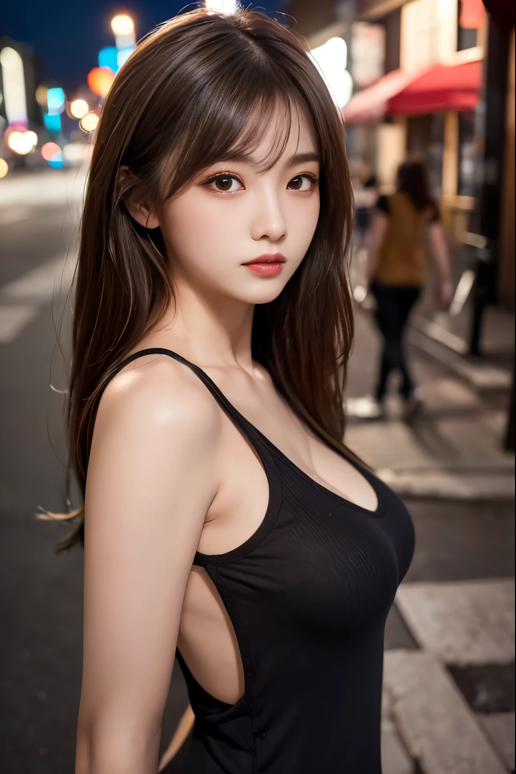 (Best quality, High resolution, Masterpiece :1.3), A pretty woman, Slender figure, Dark brown hair, swim suit, full body, (Street in city at night), Highly detailed face and skin texture, Detailed eyes, Double eyelid