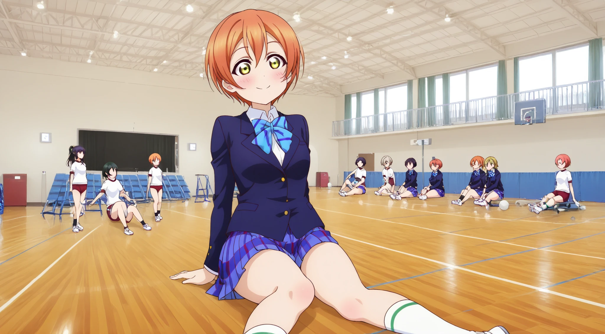 1girl,unwellness hoshizora rin, striped, short hair, blush, otonokizaka school uniform, lovelive_rin black blazer, blue plaid skirt, blue stripe bowtie, orange hair, very short hair, hair between eyes, yellow green eyes,sitting on the floor grasping one's knees (as in a gym class),score_9, score_8_up, score_7_up, rating_safe, masterpiece, best quality, absurdres, unity 8k wallpaper, official art, official style, source_anime, uncensored, game cg, megami magazine,taiikukan, indoors, sportswear, multiple girls, indoors, photo background, shorts, 6+girls, ceiling light, black hair, ceiling, stage, wooden floor, gym uniform, sportswear,Gymn4s3,