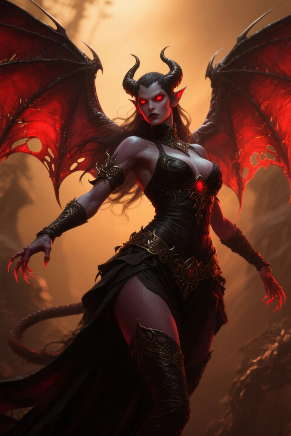 lilith, realistic, photo of a woman walking toward the viewer, dark mood,gore, intricate details, subsurface scattering, insanely detailed texture, textured skin, breasts,thin waist, hips, thigh, tight clothing, lewd clothing, masterpiece, best quality, ultra-detailed, texture, looking at viewer, detailed eyes, detailed face, masterpiece, midnight,pubic hair, clear image, exposed cleavage, bloom around lights,red tone,