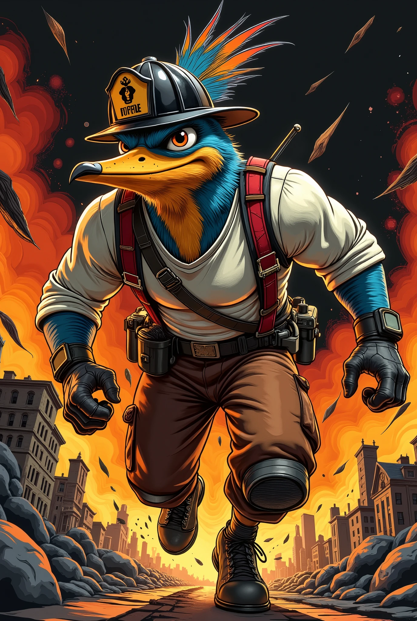 Vector Style , ((comic art)) , (cartoon style) a 5 , Vector-style, Vintage 70s action comic book cover, Vector Style, lowbrow art, A fierce, untamed muscular anthropomorphic Road Runner with piercing eyes and running towards the right. and a rugged appearance. The Road Runner looks serious and confident, symbolizing strength, fearlessness . He is wearing a black firefighter helmet, long sleeved white t-shirt, red suspenders and brown cargo pants and black combat boots. the Road Runner is in mid air, in a pouncing position. the image has a charcoal black and burnt orange color scheme. The overall vibe is edgy, intense, and perfect for a fearless firefighting team logo. minimal background all around to emphasize the l Road Runner.