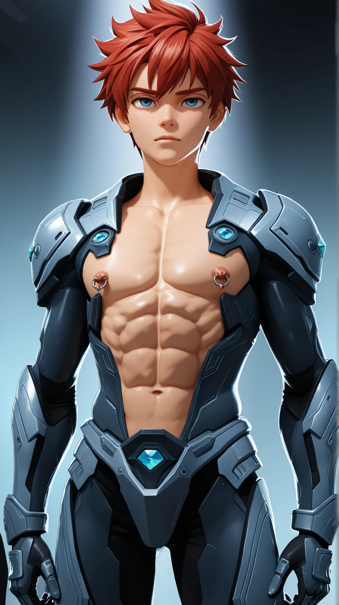 A high-definition image of a young age boy wearing a mecha full body armor that open only at the abdomen and chest, revealing defined abs and chest to his nipples, The background shows a futuristic, high-tech setting with advanced machinery and dim, atmospheric lighting to emphasize the details of the armor and the boy's physique. The boy looks determined and focused, as if preparing for an upcoming battle or mission. art style and the armor should be cover all his body except for abs and chest shota, A broader chest calm face,dark atmosfer,good shedding,red short hair,good nipple,chest and abs looks shiny,shoot from down,young age all hd quality,semi realistic, good line art and light from his back,good abs, short hair,solo leveling art style,3d,ring nipple piercing with shining blue gewel ,(full cover armor side and back),make sure to keep open his chest and abs, laboratory with crowd his robotic army for background,uncover neck,his neck should be exposed, exposed neck,no collar,no collar armor,ring shining glow nipple piercing gem,anime art style,good line art,more muscular chest,good bigger muscular chest,don't cover chest with armor,the armor should cover only his side,Make his chest more prominent, anime art style