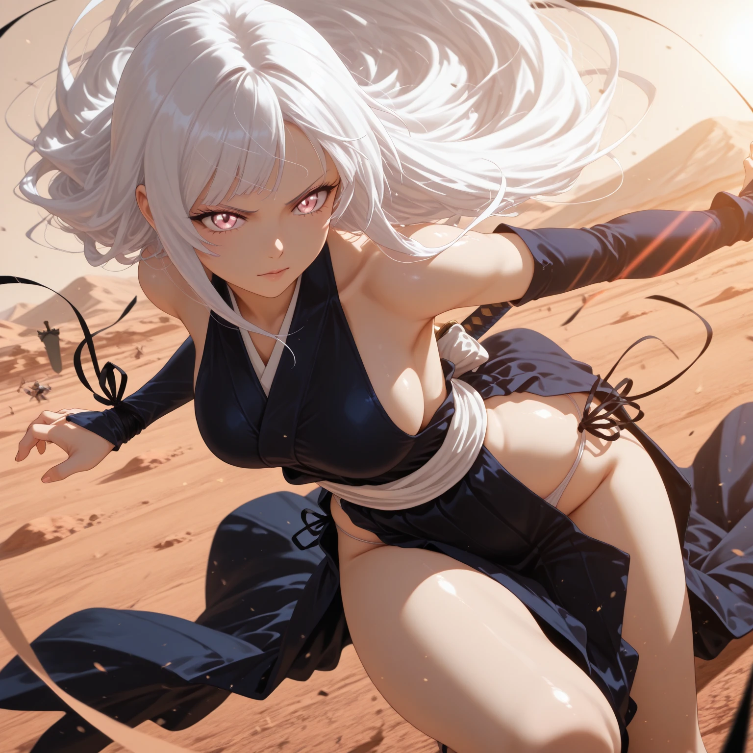 masterpiece, Best quality, watercolor (medium), 1girl, breast, Solitary, Short shoulder-length hair, Cleavage, White hair with pink highlights, Delicate gray eyes, Bangs, jewelry, skirt, Bare shoulders, sleeveless, Hair between the eyes, 单Scapula, looking at the audience, Fighting Stance, large breast, armor, shoulder armor, sleeveless skirt, Upper Body, single sleeve, white skirt, Scapula, anger, Spellcasting