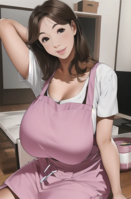 最high quality, Flying debris, high resolutiOn top of that, blush, (Captivating smile: 0.8), On top of that_body, Tyndall effect, reality, Shadow Room, Light Edge, two tOn top of thate lighting, (Skin with attention to detail: 1.2), 8K Ultra HD, Single-lens reflex camera, Soft Light, high quality, Volumetric lighting, Candid photos, high resolutiOn top of that, In 4K, 8k, Background Blur, real persOn top of that, White wall, Grey table, plant, window, Masterpiece of sexy pose))), ((最high quality)), ((Complex)), ((Surreal)), Stupid reply, Mature Woman, Mature Woman, perspective, Very detailed, shape, 1 girl, ((Big Breasts)), Perfect hands, Finger details, Beautiful and beautiful eyes, short hair, Brown eyes、Tight Skirt, Detailed Background, Bedroom, Perfect Eyes, Captivating eyes, Looking at the audience, From below、Pink Apron
