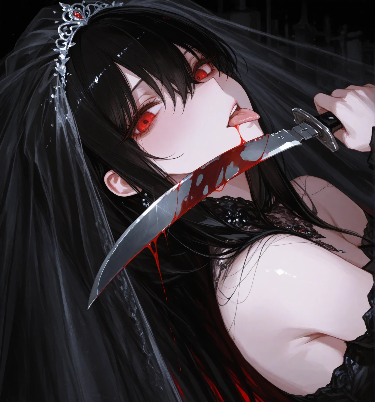 Woman with blood all over her body
Black hair
Long hair
Red eyes
Bloody clothes　
Hollow eyes　
Bloody knife in hand　
Ruins　
Detailed facial expressions　
Detailed description of clothing　
Detailed description of knife　
Detailed description of the room　
horror
