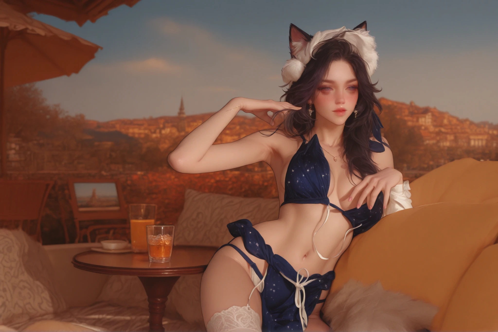 best quality, masterpiece, 1girl, solo, full body, an extremely delicate and beautiful girl, extremely detailed, beautiful detailed starry sky, beautiful detailed eyes, bare shoulders, 8k wallpaper, Bright stars, black ribbon, big forhead, small breast, light leaks, long bangs, blue eyes, black silk stocking, JK, white silk stocking, uwabaki, grovel, bathing, hand on own chest, leg lift, cat, seaside