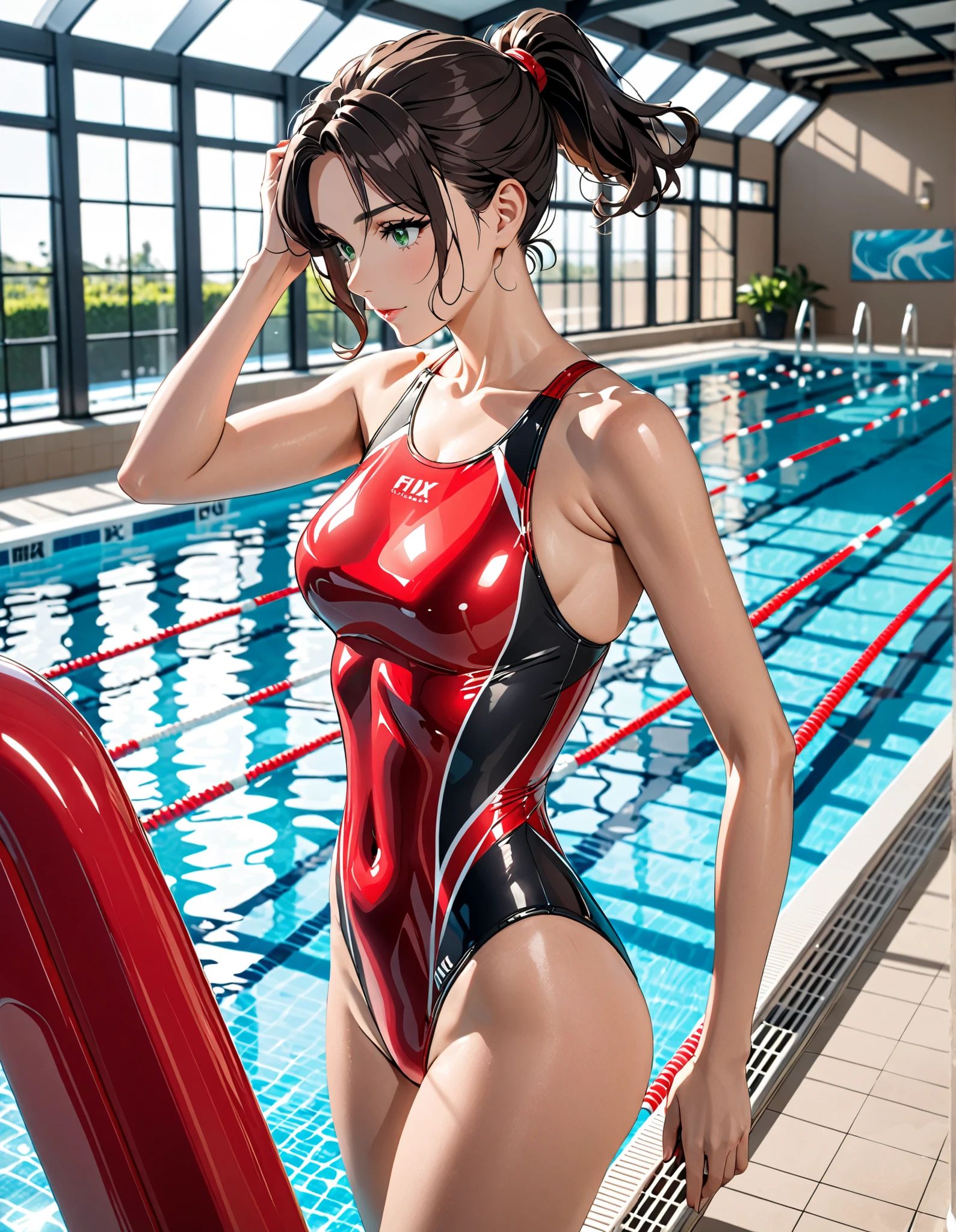 camel toe:1.4, erect nipples, ((((asuka langley soryu)))), (sweat), (vapour), (((long gloves:1.3))), brown loafers, black calf length socks, Open your thighs wide to the left and right、Squat on the ground, show off your crotch to the viewer, ((red latex competitive swimsuit:1.3)), High leg, squat, spread your legs:1.3, ((arm behind head:1.3)), absurdes, brown long hair, 青い瞳, 斜めの目, flat lighting, elevation angle, sexy pose, highest quality、Complex, surreal, perspective, very detailed, detailed background, shape, 1 girl, alone, big breasts, embarrassing, blush, ((outdoor poolside)),