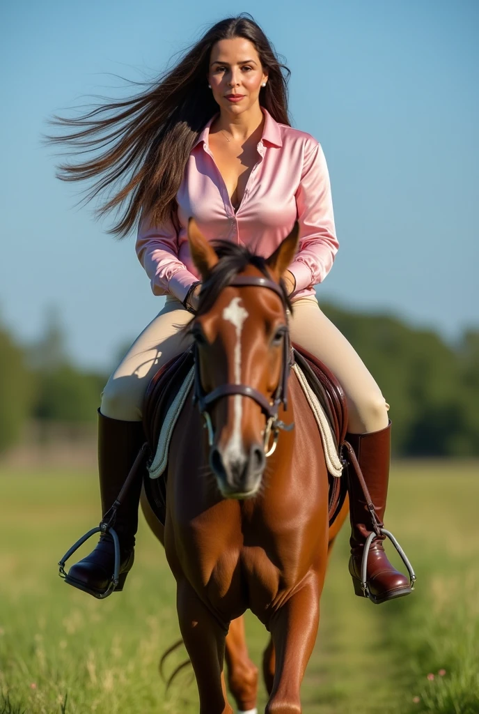 There is a woman riding a horse in a park, riding a horse, riding a horse, riding a horse, riding a horse, with a horse led, riding a horse!!! riding a prancing horse, horse on top, riding a black horse, trying to ride, pony, really trying to ride, cowgirl. Woman in good physical shape. A woman with white skin and dark hair. She is about 35 years old. Her slightly plump red lips are like a delicate flower, her dark brown eyes seem to contain a world of wonders. Slim body. Thin waist. Her body exudes glamor and her face is the definition of beauty. Highly realistic, still, slightly full lips, pink lipstick, smile, feeling of lightness and joy, hyper-realism, very elaborate skin, look. Fitness woman. Sharp photo, high quality, high resolution, masterpiece, 8k.
