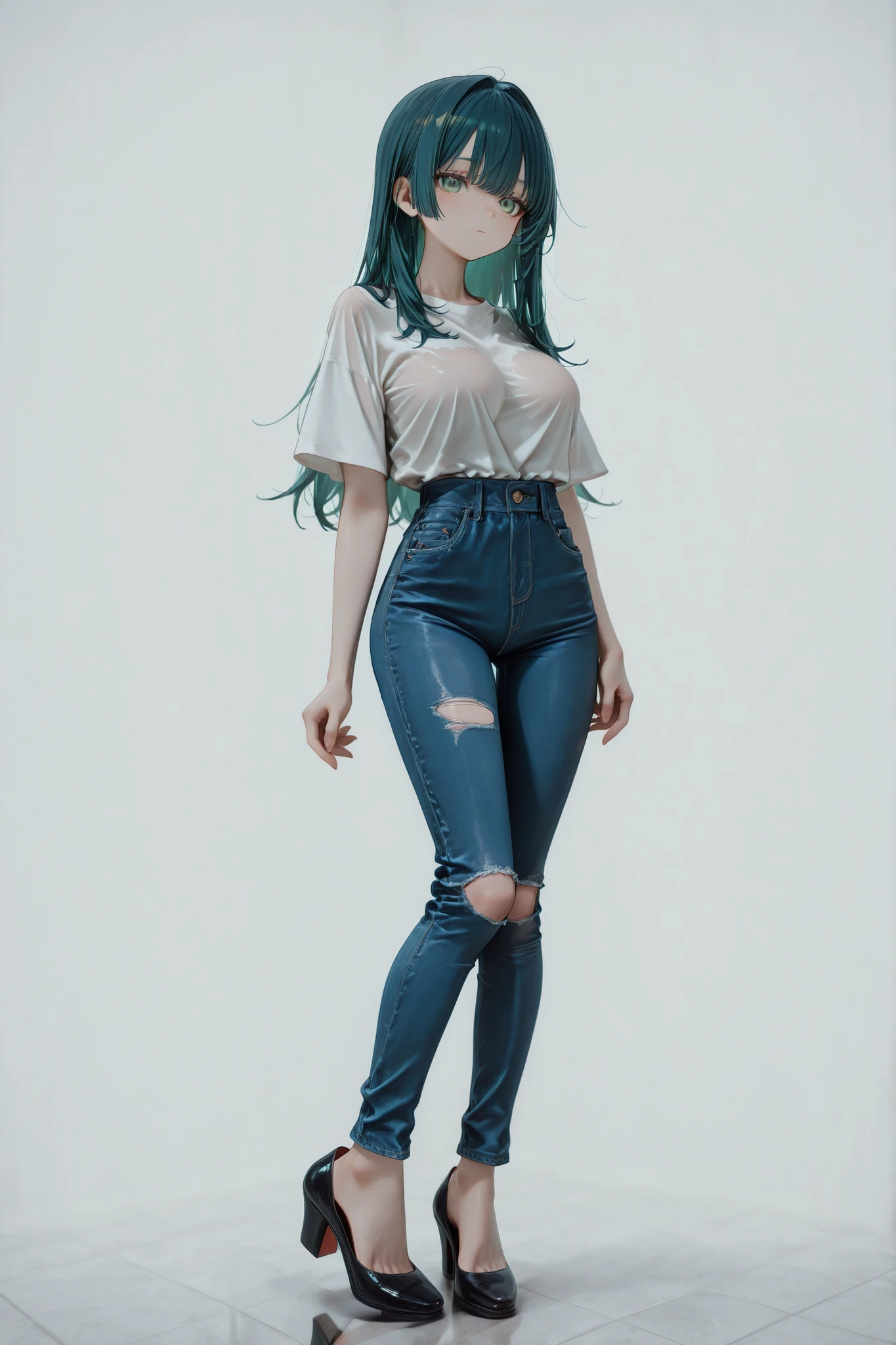 female, long hair, dull green hair, green eyes, D-cup sized breasts, V-cut shirt, dark blue jeans, semi heels, white studio, blank background