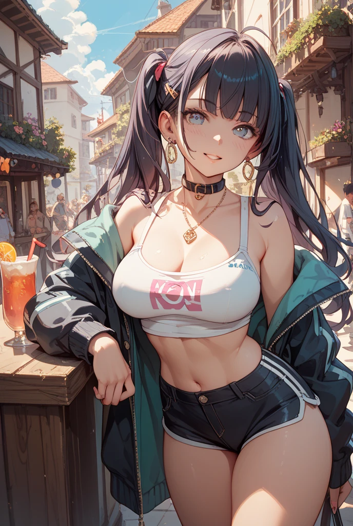 最high quality、Best image quality、masterpiece、girl((18-year-old、 By becoming、Best Bust、Medium Bust,Wide open breast tea、Red glowing eyes,Black Hair、Red Mesh、Disheveled Hair、Lointail、thin,The highest valley、Open chest、Luminous Wristbands、hair ornaments、Show the whole body,Black short sleeve T-shirt、Wear a shoulder bag、Short denim trousers、Leaning forward、smile、Disheveled,Hands on hips、turn around、peace sign)),high quality、Beautiful art、background((Beautiful sun、sunlight、Large shopping malls、squirt))、Flight、Flying debris、Written boundary depth、movie、Visual Arts、Perfect art、8K,Genuine,