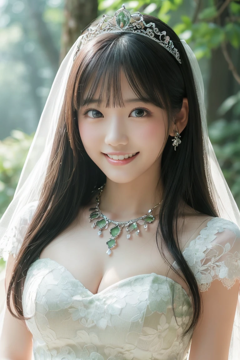 (Highest quality、Tabletop、8k、Best image quality、Award-winning works)、One beautiful bride、(alone:1.1)、(The most extravagant and gorgeous huge pure white wedding dress:1.1)、(Perfect Wedding Lace:1.2)、(The most gorgeous and luxurious giant tiara:1.3)、(The most extravagant and luxurious giant necklace:1.3)、(Tiara adorned with huge jewels:1.3)、(Large Breastsの谷間:1.1)、(Large Breasts:1.1)、Smiling widely and showing beautiful teeth、Look at me with your best smile、The finest jewellery decoration、Perfect Makeup、Long eyelashes、Ultra HD Shining Eyes、Ultra HD Hair、Ultra High Resolution Glossy Lips、Ultra High Resolution Perfect Teeth、Beautiful face in ultra-high definition、(Accurate anatomy:1.1)、Very bright and beautiful skin、very bright and vivid、Beautiful glossy lips、Perfect beautiful bridal hairstyles、(Front facing body:1.1)、Beautiful sunlight filtering through the trees、Fantastic Fog、Spectacular Cinema Lighting、Beautiful sparkling forest、(Mysterious and fantastical forest background:1.2)