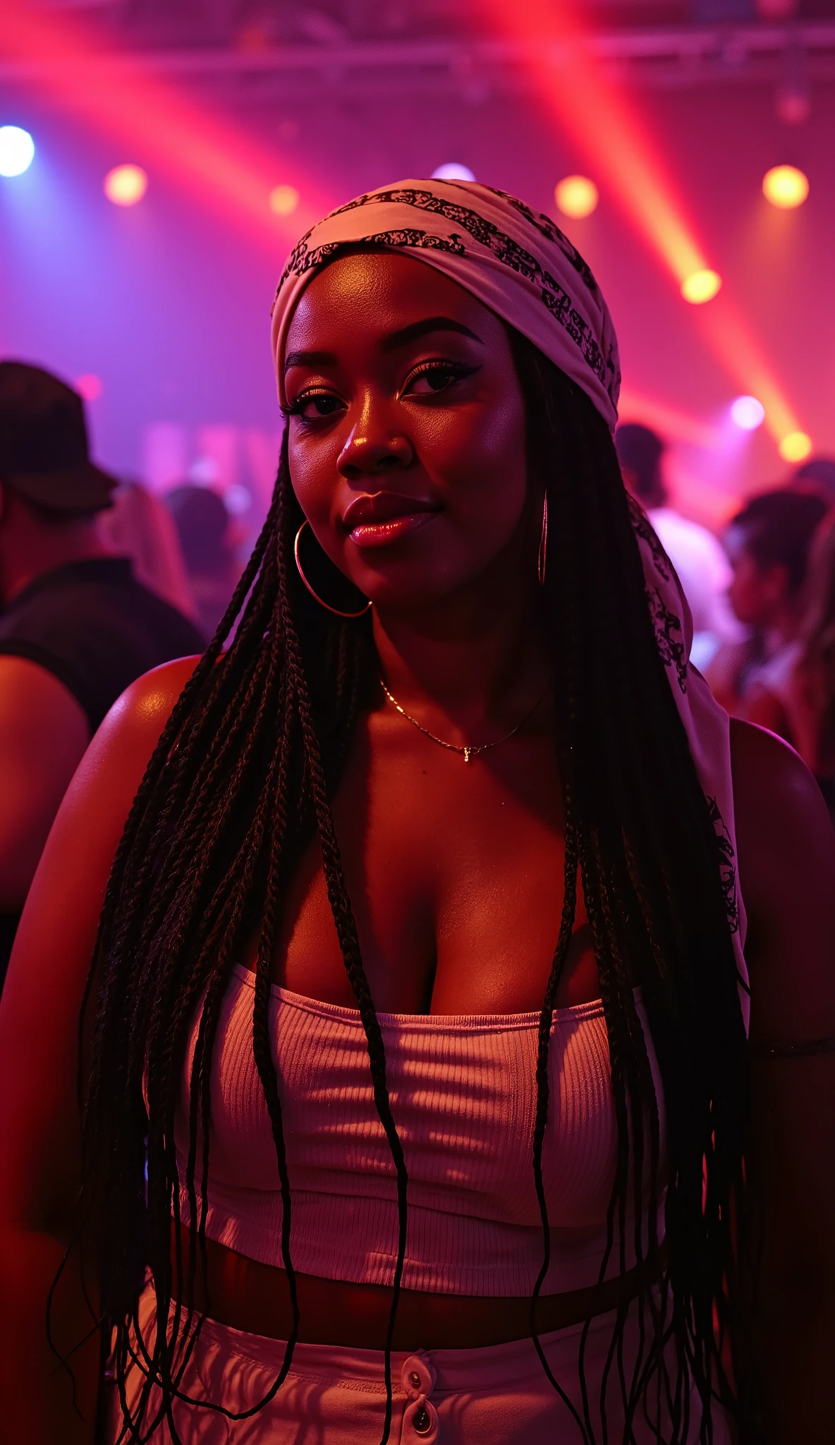 A fat black braided woman with a scarf on her head in a nightclub