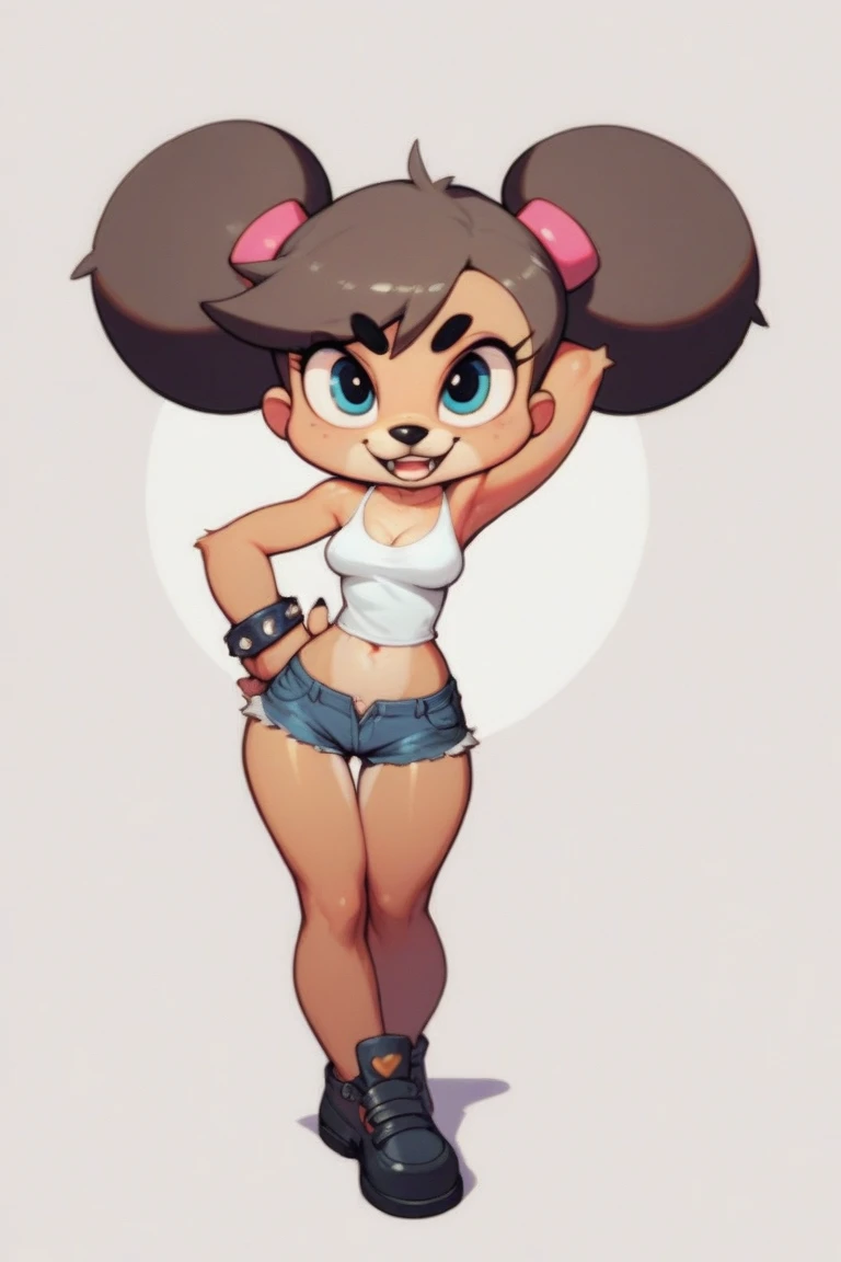 masterpiece, best quality, one girl, solo, detailed face, looking at the viewer, black eyes, gold hoop earrings, 4 fingers, detailed skin texture, (blush: 0.5), (goosebumps: 0.5), subsurface scattering, detailed skin texture, (blush: 0.2), (goosebumps: 0.3), sexual expression, portrait, pink midriff tank top, white denim mini shorts, high resolution, detailed night city background, black nose,  sfw, goof troop, Disney, character, anthro, detailed fingers, flirtatious pose, right hand behind the head, detailed between legs, detailed tummy, detailed chest, detailed knees, breast blush, fishnet tights, high-heeled shoes, detailed nails