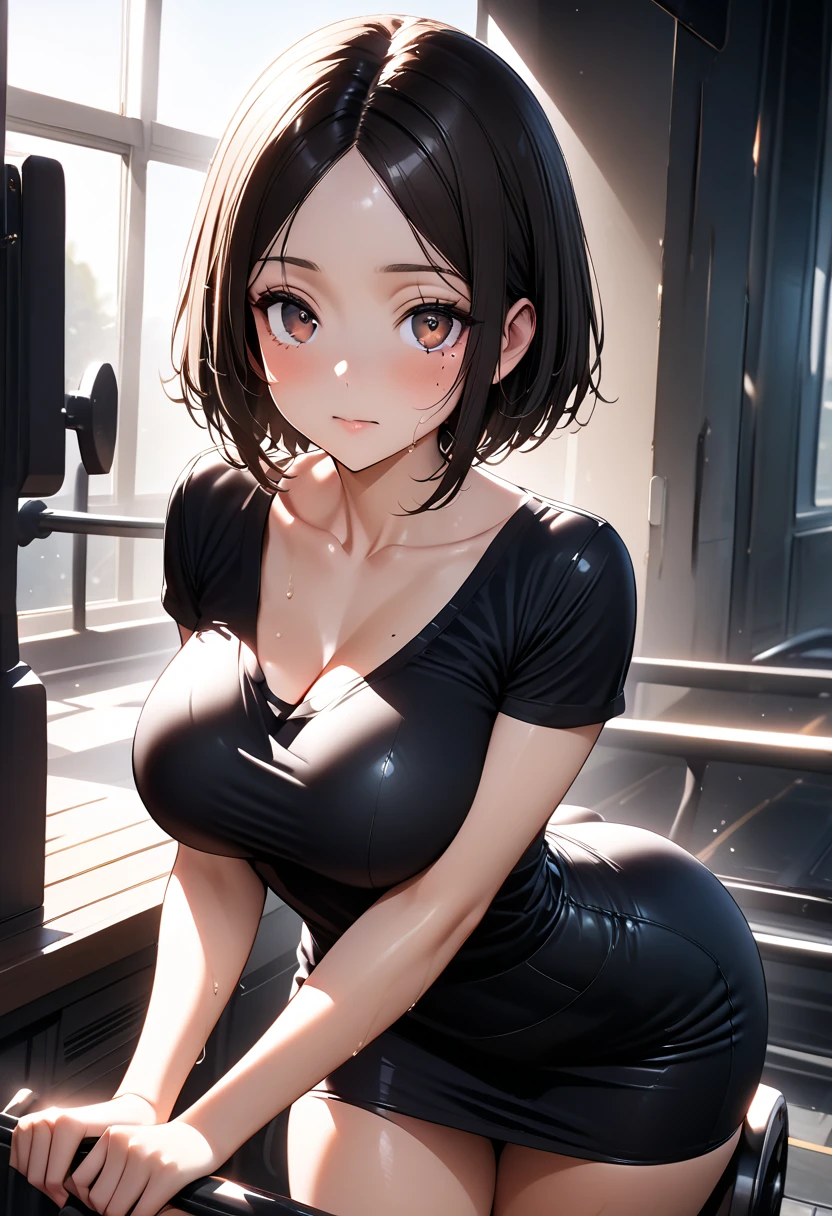 anime girl with green eyes, wearing a black skin-tight dress, sensual body, short brown hair and sitting on her knees with her arms supporting her as she leans behind, opening her mouth and sticking her tongue out seductively --auto