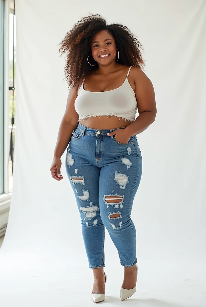 A highly realistic, full-body image of a 3 chubby woman with a beautiful face. She has green eyes and is dressed in a loose-fitting, cropped white tank top that reveals her midriff, paired with baggy, ripped jeans. The woman is barefoot, with her feet clearly visible. Her expression is sensual and erotic. The scene is finely detailed, showcasing her skin texture, and is photographed with a Canon EOS R5, 50mm lens, at F/2.8, 8K resolution. The lighting is cinematic and dramatic, creating a complex and fashion-forward image with the highest quality, ideal for a wallpaper