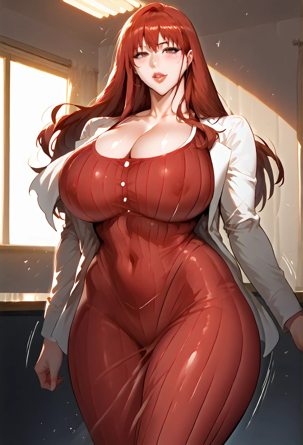 (ultra 8k cg, picture-perfect face, perfect face, beautiful face, masterpiece, high quality, best quality, flawless, clean, professional artwork, famous artwork), gyaru, 1girl, solo, arisugawa natusha, 1girl, solo, standing, bangs, long hair, orange hair, looking at viewer, red jacket, black dress, hands on waist, cleavage, grin, smirk, extremely thick lips, extremely long eyelashes, (huge breasts), (chubby, plump), big belly, (pussy juice), NSFW, covered nipples