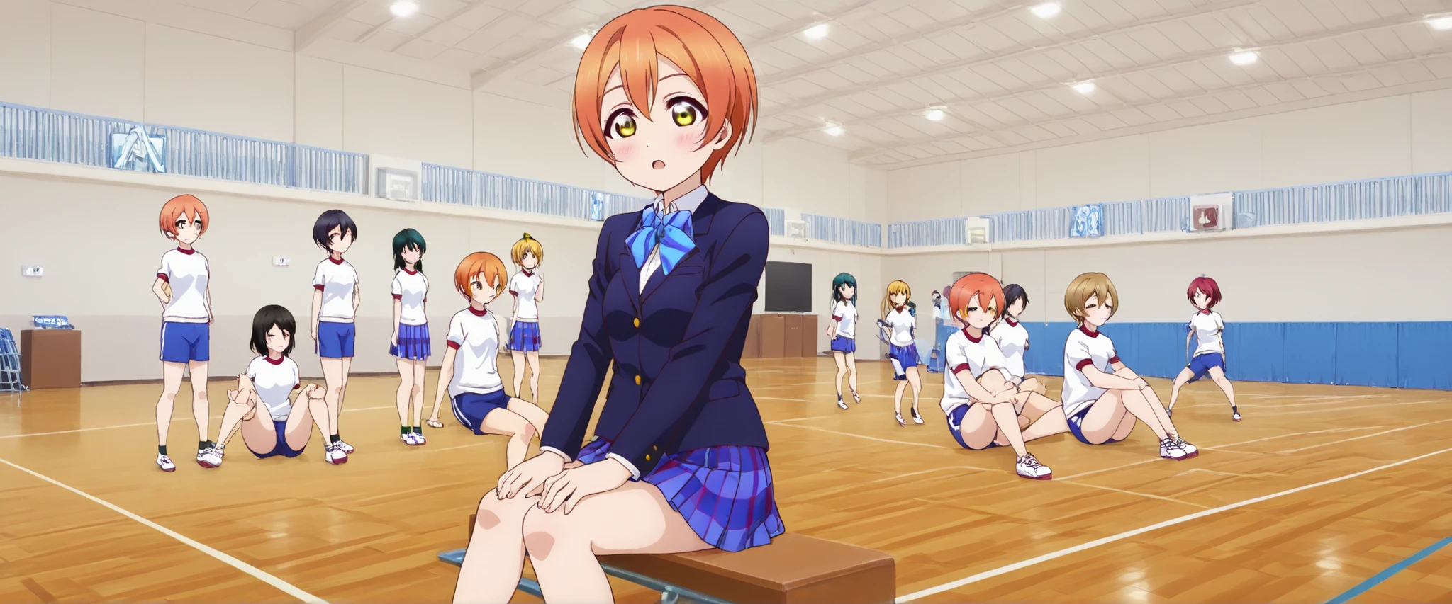 1girl,unwellness hoshizora rin, striped, short hair, blush, otonokizaka school uniform, lovelive_rin black blazer, blue plaid skirt, blue stripe bowtie, orange hair, very short hair, hair between eyes, yellow green eyes,sitting on the floor grasping one's knees (as in a gym class),score_9, score_8_up, score_7_up, rating_safe, masterpiece, best quality, absurdres, unity 8k wallpaper, official art, official style, source_anime, uncensored, game cg, megami magazine,taiikukan, indoors, sportswear, multiple girls, indoors, photo background, shorts, 6+girls, ceiling light, black hair, ceiling, stage, wooden floor, gym uniform, sportswear,Gymn4s3,