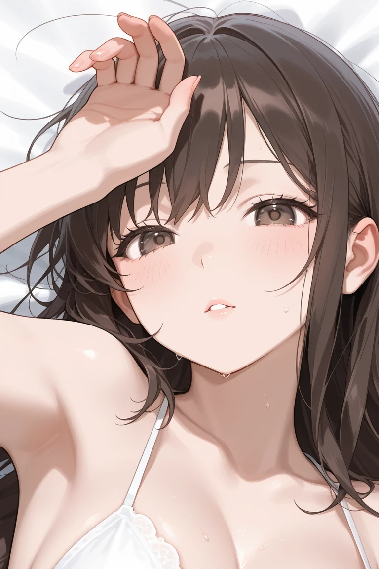 (((masterpiece, best quality, highres, UHD, perfect pixel, depth of field, 4k, RTX, HDR))), 1girl, single, solo, beautiful anime girl, beautiful artstyle, anime character, 24 years old, ((long hair, bangs, dark brown hair)), ((detailed face, blushing:1.2)), ((smooth texture:0.75, realistic texture:0.5, anime CG style)), ((medium breasts, cleavage)), indoor, bedroom, dynamic angle, busty, perfect body, dynamic pose, armpit, single hands up, ((fall asleep on the bed, supine, sleep beauty, closed eyes, closed mouth)), ((close up, POV, cute, shot on face)), ((brown bra, lingerie)), natural light
