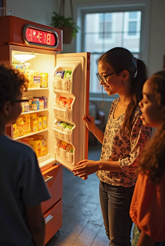 a girl opening the refrigerator, the camera is inside