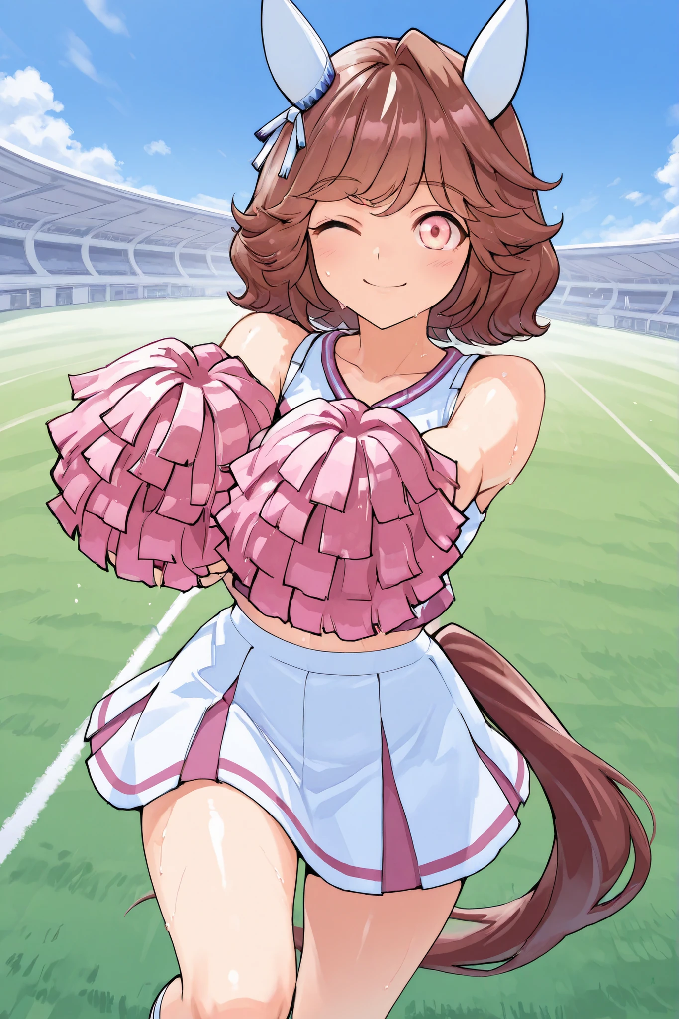 Waste \(Uma Musume\),(((masterpiece))),(((details)))((Highest Quality)),((hyper details)),(beautiful),((Shiny rhinoceros)),(((about))),( High Definition ),((8k)),((high resolution)),pink and white cheerleader, Holding Large Pompoms in Both Hands, dynamic pose,, raising arms,stretches towards viewers,standing, knee up , smile, happy,one eye closed,sweat,embarrassing, ,lawn,Racecourse,shot from the front, Glance Shot ,(((thigh to face close-up))),((character up image)),anime girl, solo,