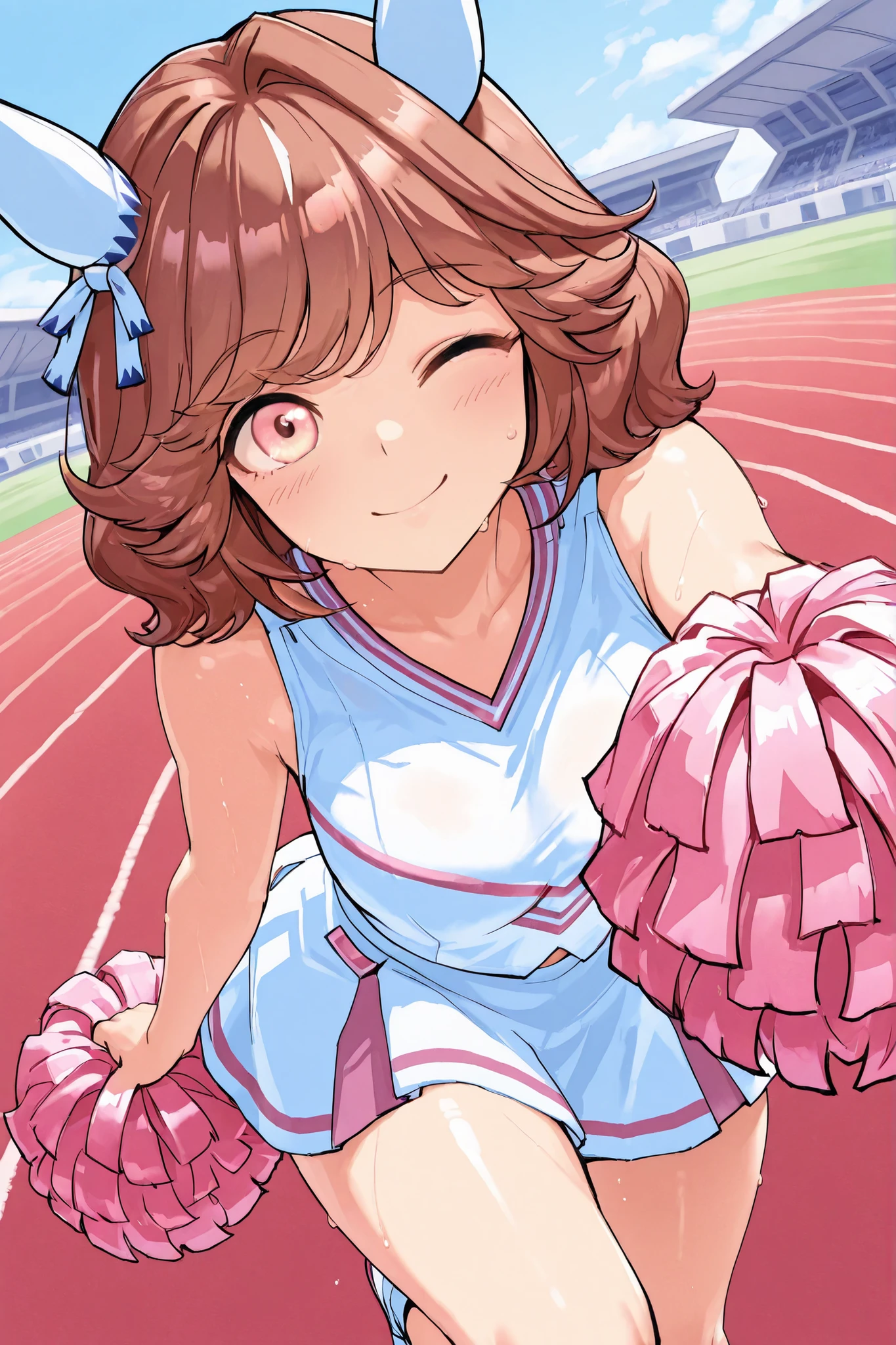 Waste \(Uma Musume\),(((masterpiece))),(((details)))((Highest Quality)),((hyper details)),(beautiful),((Shiny rhinoceros)),(((about))),( High Definition ),((8k)),((high resolution)),pink and white cheerleader, Holding Large Pompoms in Both Hands, dynamic pose,, raising arms,stretches towards viewers,standing, knee up , smile, happy,one eye closed,sweat,embarrassing, ,lawn,Racecourse,shot from the front, Glance Shot ,(((thigh to face close-up))),((character up image)),anime girl, solo,