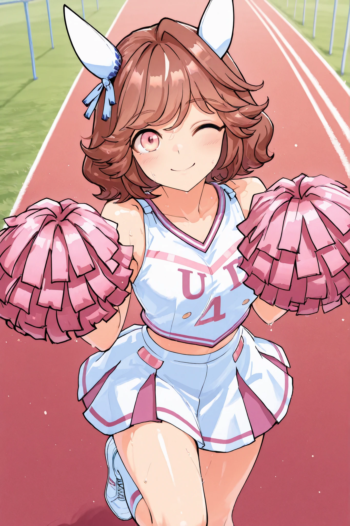 Waste \(Uma Musume\),(((masterpiece))),(((details)))((Highest Quality)),((hyper details)),(beautiful),((Shiny rhinoceros)),(((about))),( High Definition ),((8k)),((high resolution)),pink and white cheerleader, Holding Large Pompoms in Both Hands, dynamic pose,, raising arms,stretches towards viewers,standing, knee up , smile, happy,one eye closed,sweat,embarrassing, ,lawn,Racecourse,shot from the front, Glance Shot ,(((thigh to face close-up))),((character up image)),anime girl, solo,