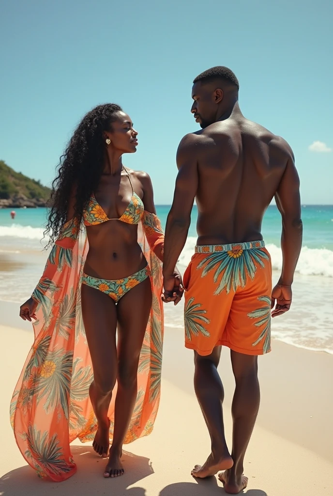 A 4K glossy Airbrush oil painting of an African American couple, a man and a woman, with slight smiles, wearing colorful orange,white and green detailed matching swimsuit attire, walking in full body view on the beach in calm seafoam waves, barefoot, and holding hands. The man is handsome with a low wave fade cut and a manicured beard. The woman is beautiful, regal, plus size with a top bun with bangs. The scene is a beach at night with a clear sky, moon, tiki torches lining the beach, tropical islands, and palm trees.
