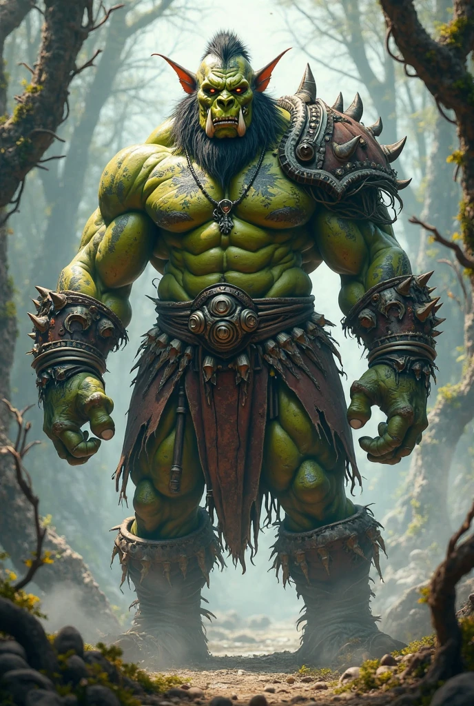 plano general:1.3, (masterpiece:1.5),(Best Quality:1.6), (ultra High resolution:1.4), ((1 ogre alone, strong and robust, dynamic pose, with shoulder pads and leather bones, large and sharp fangs, leather belt with a skull:1.5)) , loincloth, Detailed illustration, Intricate, Idyllic, magical elves in the forest:1.5, landscape, Vibrant colors, sunrise, rayos de sol pasando a través de los trees, leaves falling from the trees, dew on leaves and plants, clouds, (( magical, beautiful, from another world, trees:1.4 )), (( Best Quality, Vibrant, 32K, clear, well-defined shadows)).(Best Quality,4k,8k,High resolution,masterpiece:1.2),ultra detailed,(realist,photorealist,photo-realist:1.37),Very detailed face,extremely detailed facial features,textura de piel hiperrealist,extremely fine details,detalles Intricates,detailed eyes,detailed nose,detailed lips,Detailed facial expressions,intricate facial anatomy,intense lighting,dramatic lighting,lighting change,cinematic lighting,chiaroscuro lighting,dramatic shadows,dramatic moments,vivid colors,intense colours,Deep contrast,cinematic depth of field,cinematographic composition,cinematic camera angle