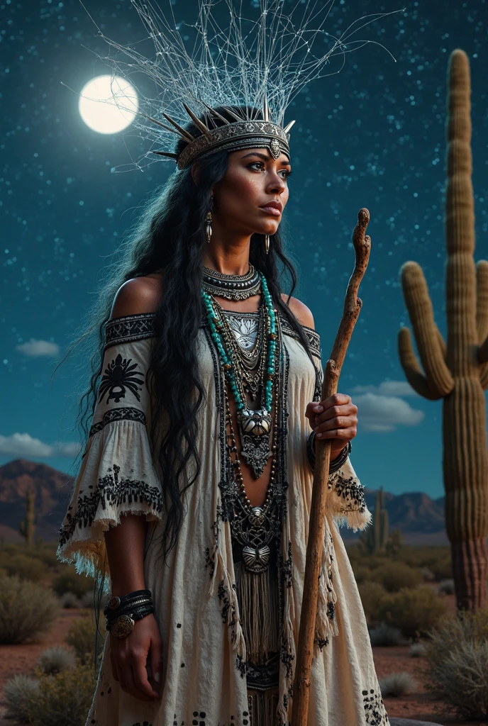Ixchel depicted as a Mayan woman with long black hair, wearing a flowing white gown adorned with intricate patterns, standing against a full moon in a starry night sky, surrounded by lush green jungle foliage., redscale, red light leaks, warm, bright sunlight, volumetric lighting,dimensional 3D illumination