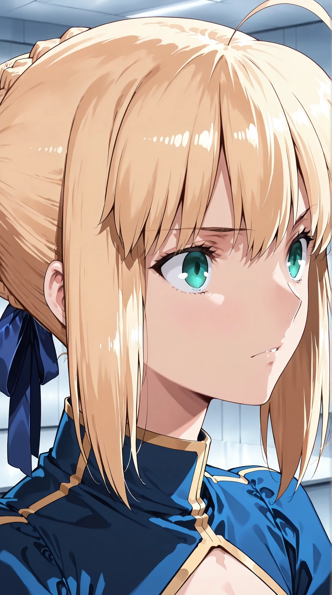score_9, score_8_up, score_7_up, masterpiece, source_anime,1girl,1980's anime style,(artoria pendragon (fate), saber (fate), blonde hair, green eyes, ahoge, hair ribbon, blue ribbon, french braid, braided bun, single hair bun, short hair, sidelocks)