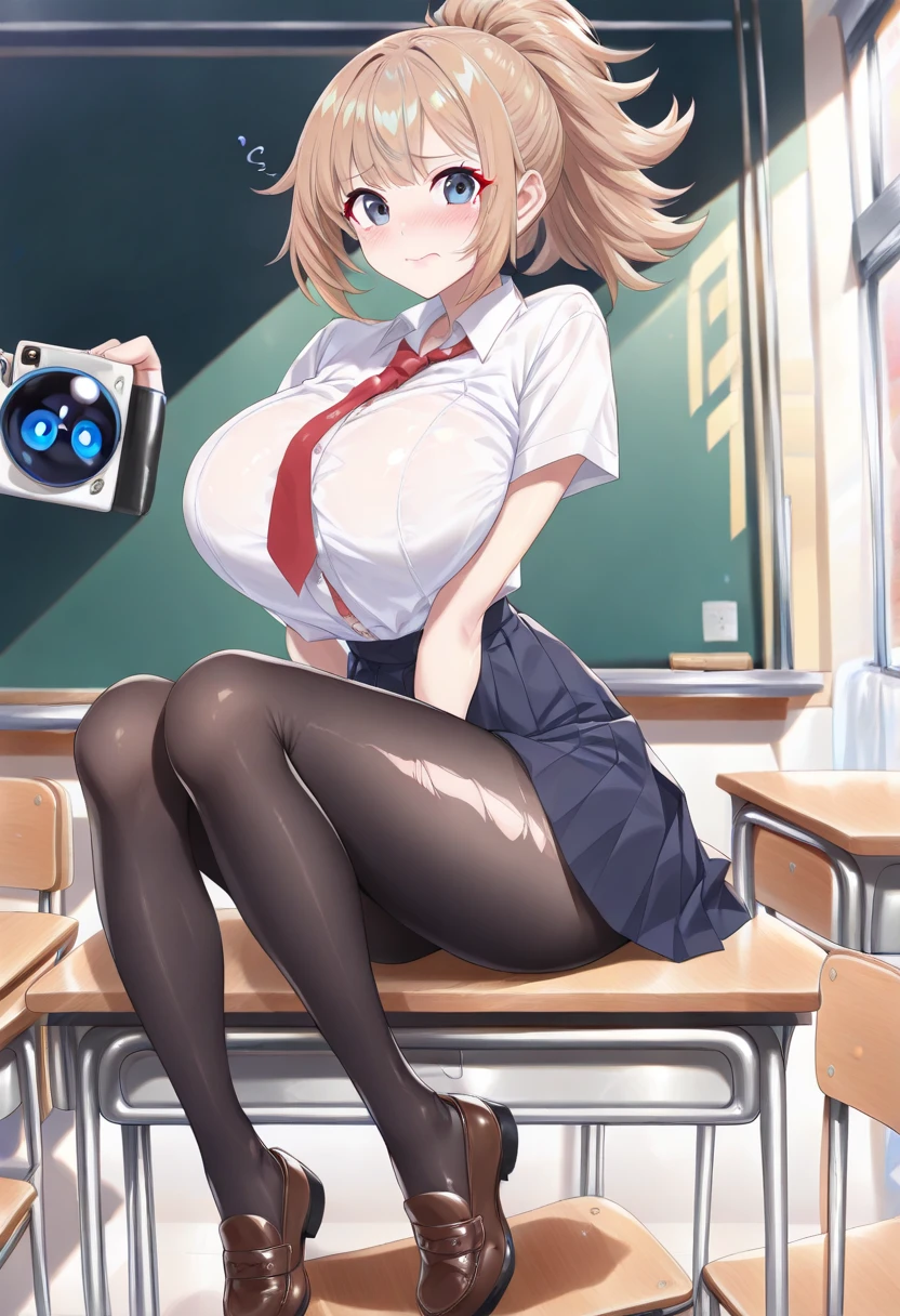 nswf,High resolution、High resolution、high quality、masterpiece、1 female、Ellen Baker、School teacher、blonde、blue eyes、(((completely NUDE:1.5)))、((NUDE:1.1)),School classroom、Cute pose、blackboard、smile、((Depiction of the whole body up to the toes))、((Close-up of a woman))、clothes lift:1.5,showing bra:1.4,Fashionable underwear、((open legs:1.8)),Squatting pose、attractive way to sit、((I was made to sit with my legs apart...)),Stick out your crotch、Detailed depiction of the crotch