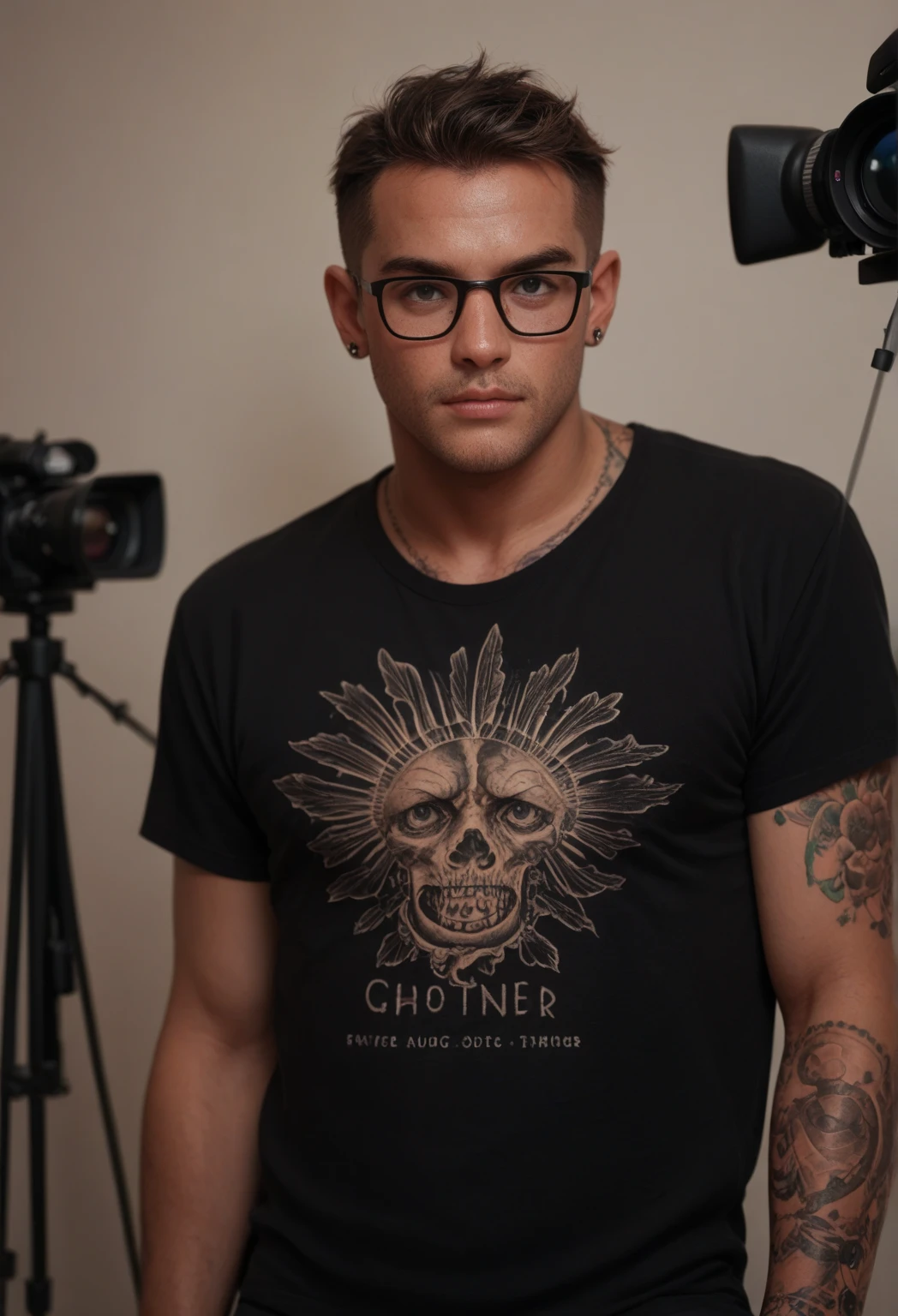 un homme assis sur un tabouret avec un teeshirt noire, vêtements noirs, il porte un noir t-shirt, vêtements noirs brutaux, vérité, vrai gothique, il porte un noir, homme tatoué, tatouage sur bras,inspiration occulte, officiel, T-shirt noir, vêtements ésotériques, officiel product photo, officiel product image, bijoux occultes, porte le symbole ankh, porter un t-shirt noir, photo ultra détaillés, photo ultra réaliste. Marketing publicitaire, vente teeshirt